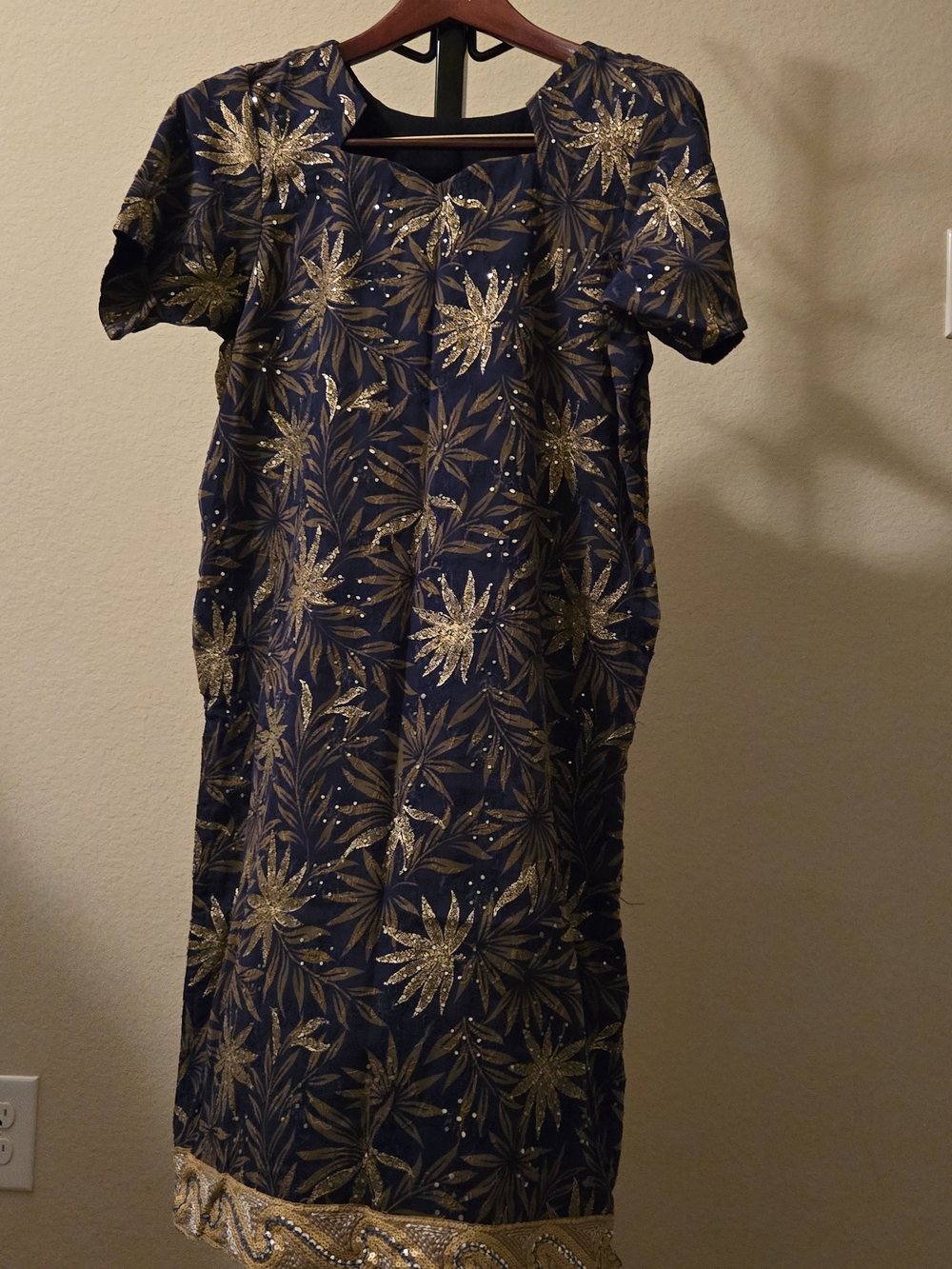 Navy Dress with Gold Leaf Embellishment